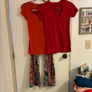 TWO V-Neck Tops with Patterned  Wide Leg Stretchy Pants
